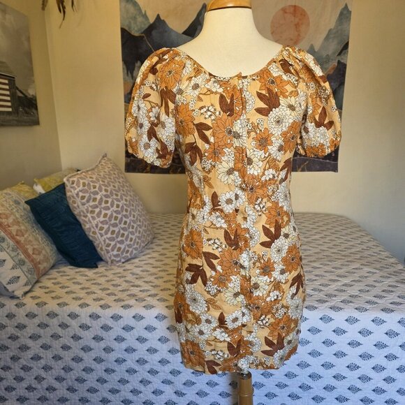 J.Crew Women’s 4 Linen Floral Puff Sleeve Mini Dress Boho Cottagecore Button Up - Picture 3 of 16